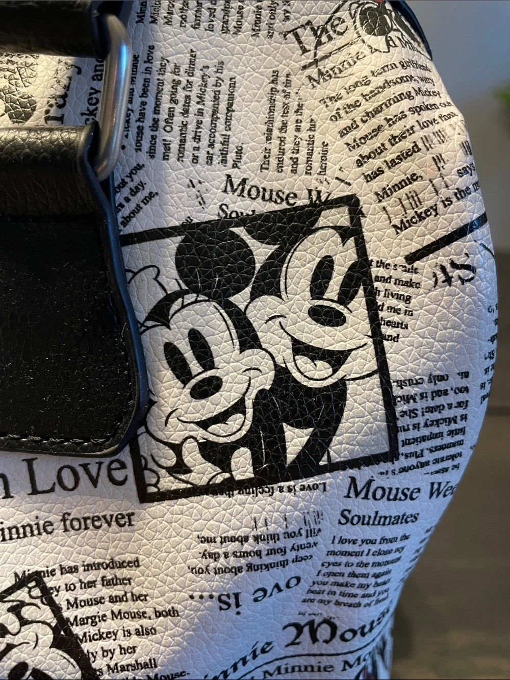 Disney Mikey and Minnie Newspaper-Print Satchel in Black, White & Red
